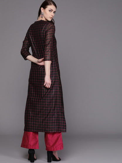 Women's  Black & Pink Checked Kurta with Palazzos