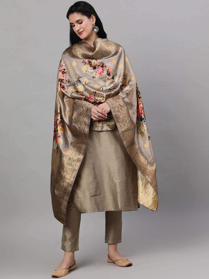 Women's  Taupe Solid Kurta with Trousers & Dupatta