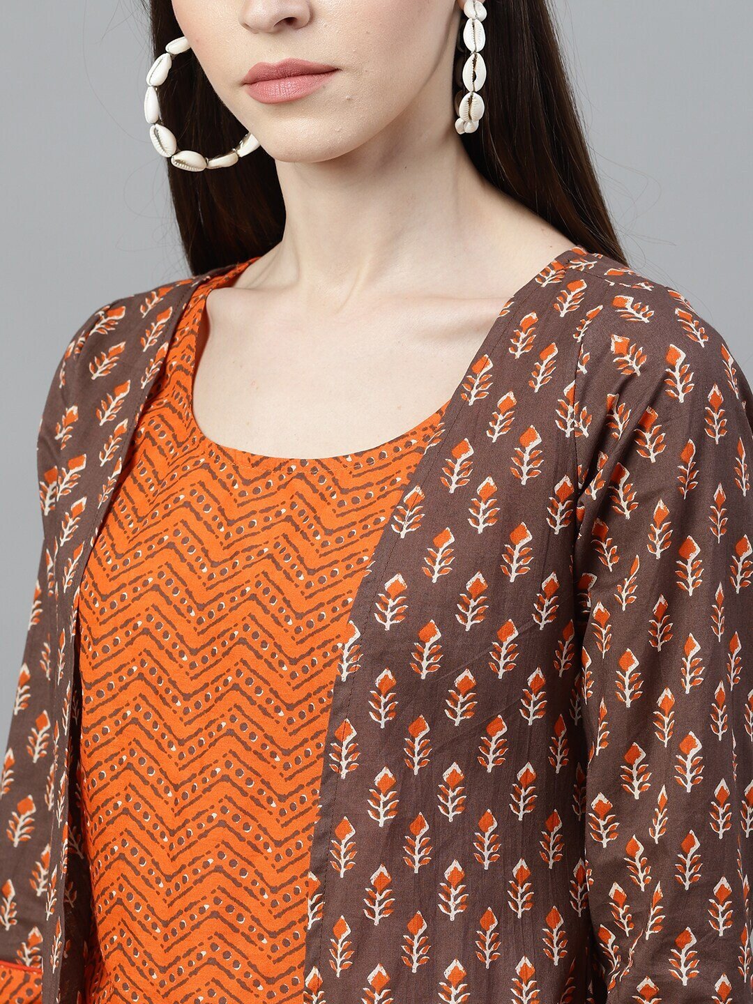 Women's Orange & Brown Printed Top & Capri With Jacket