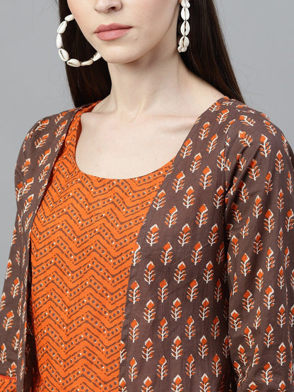Women's Orange & Brown Printed Top & Capri With Jacket