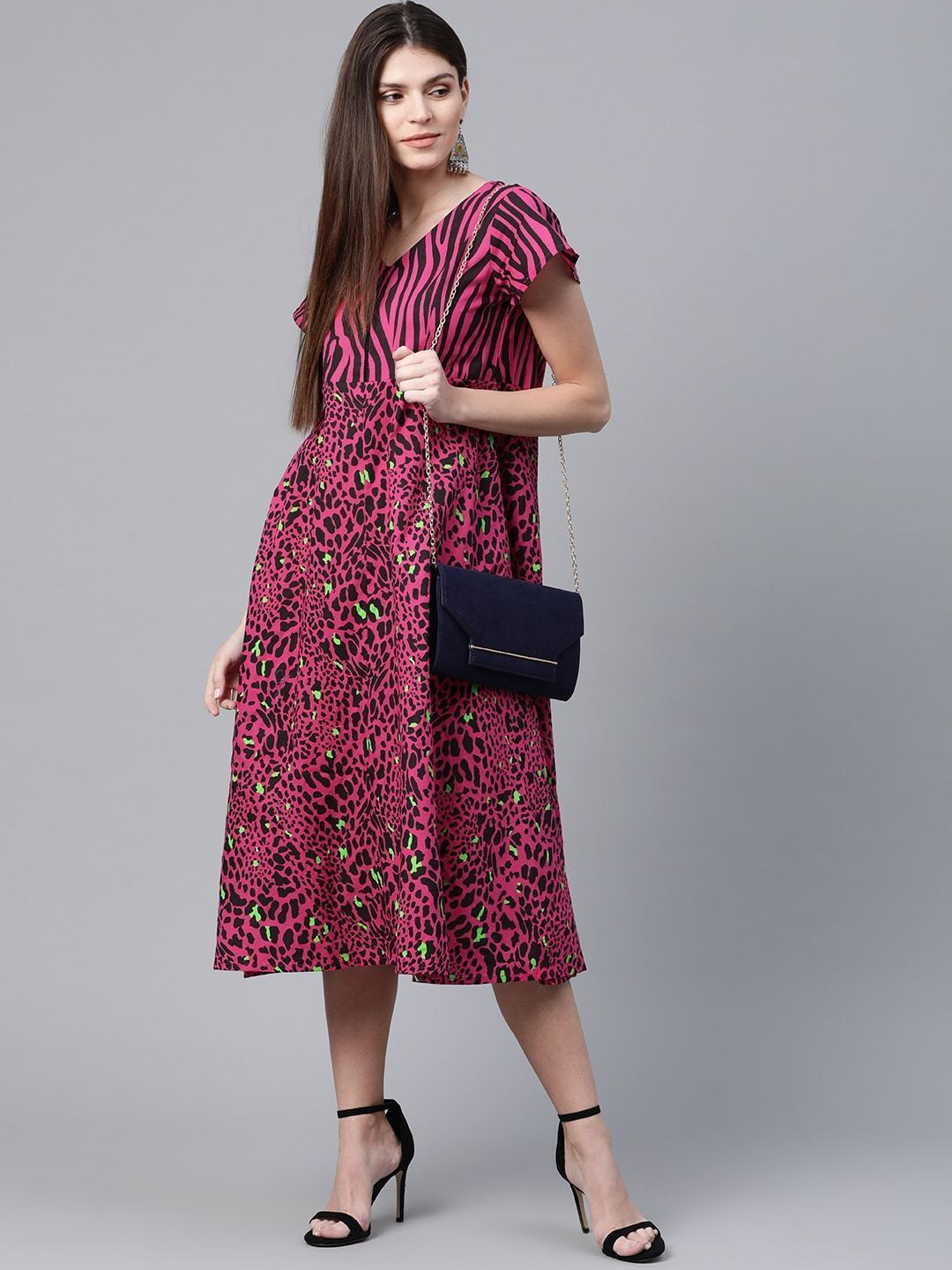 Women's  Pink & Black Animal Printed A-Line Dress
