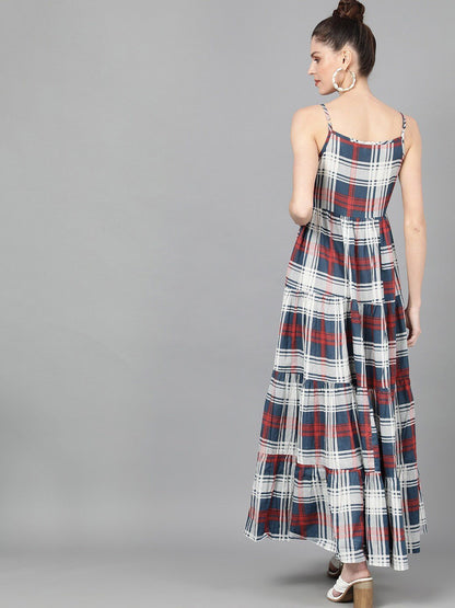 Women's  Blue & Red Checked Maxi Dress
