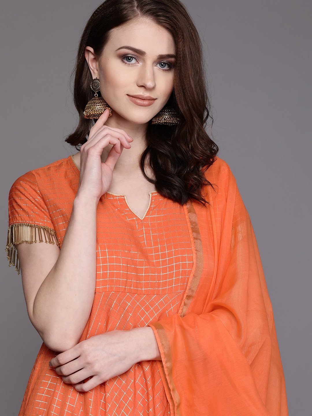 Women's  Orange & Golden Checked Kurta with Palazzos & Dupatta