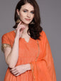 Women's  Orange & Golden Checked Kurta with Palazzos & Dupatta