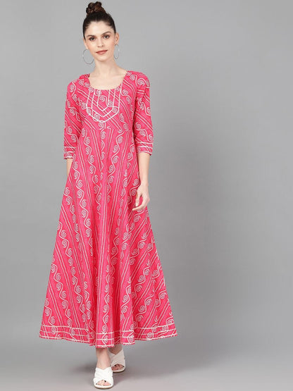 Women's  Pink Bandhani Printed Maxi Dress