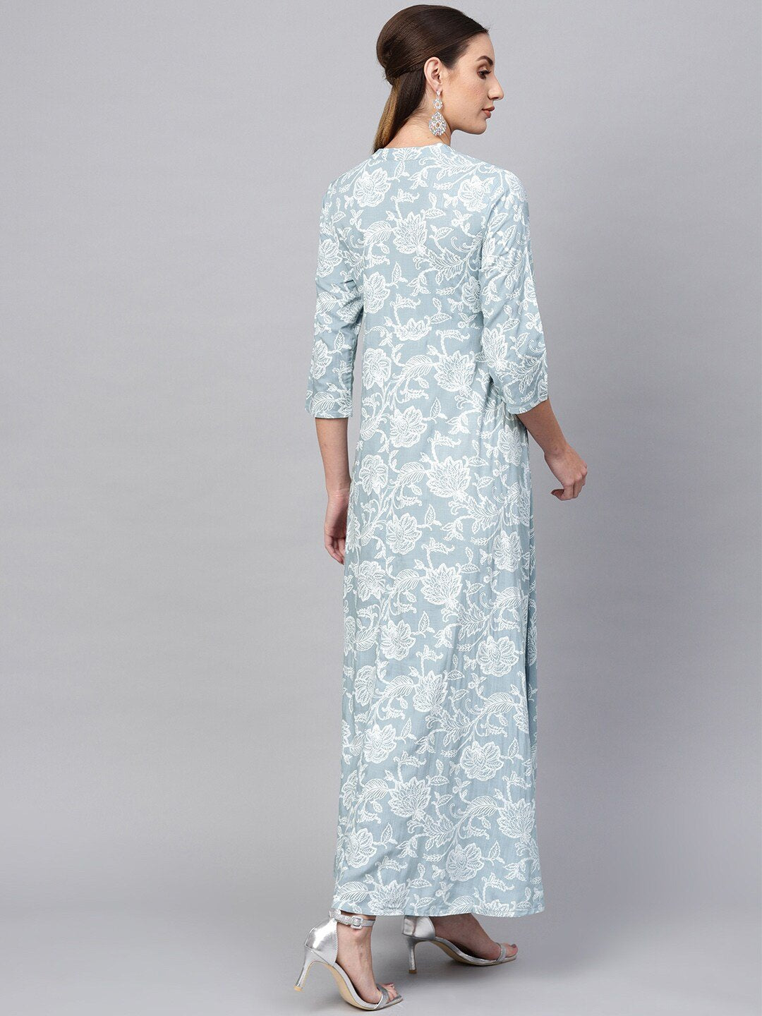Women's  Blue & White Khari Floral Print Maxi Dress