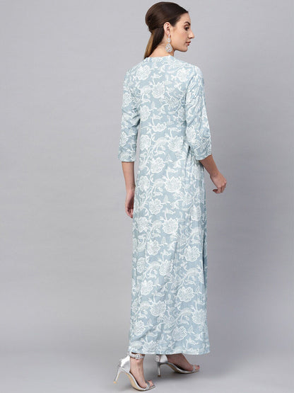 Women's  Blue & White Khari Floral Print Maxi Dress