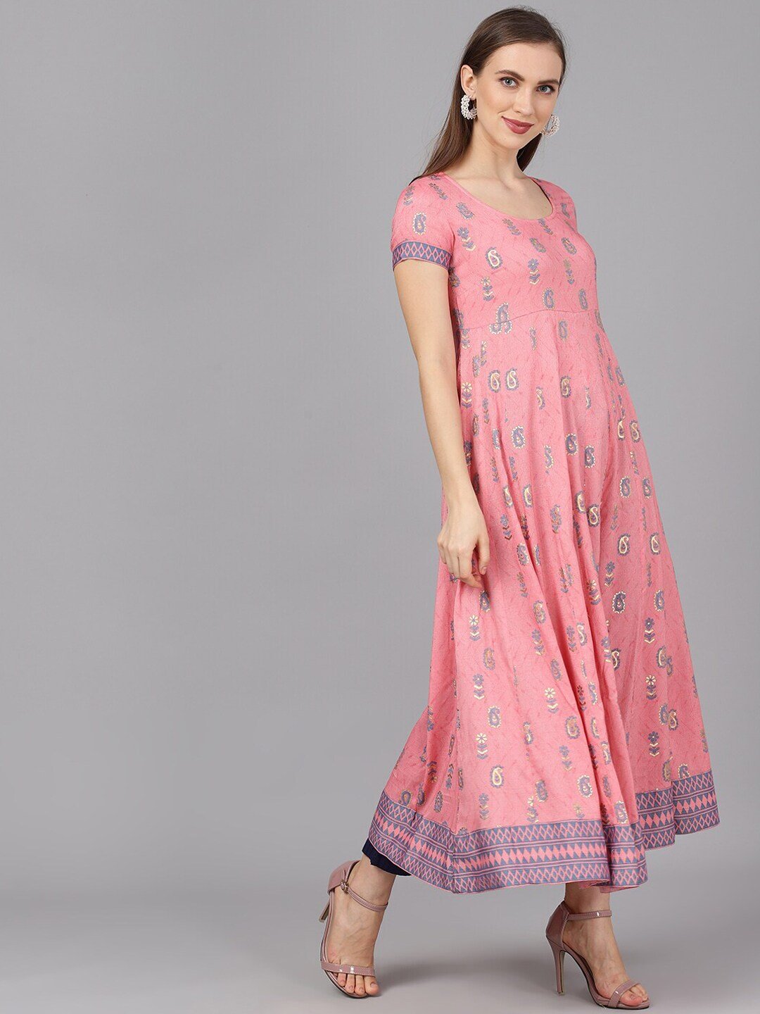Women's  Pink & Gold-Toned Printed Anarkali Kurta