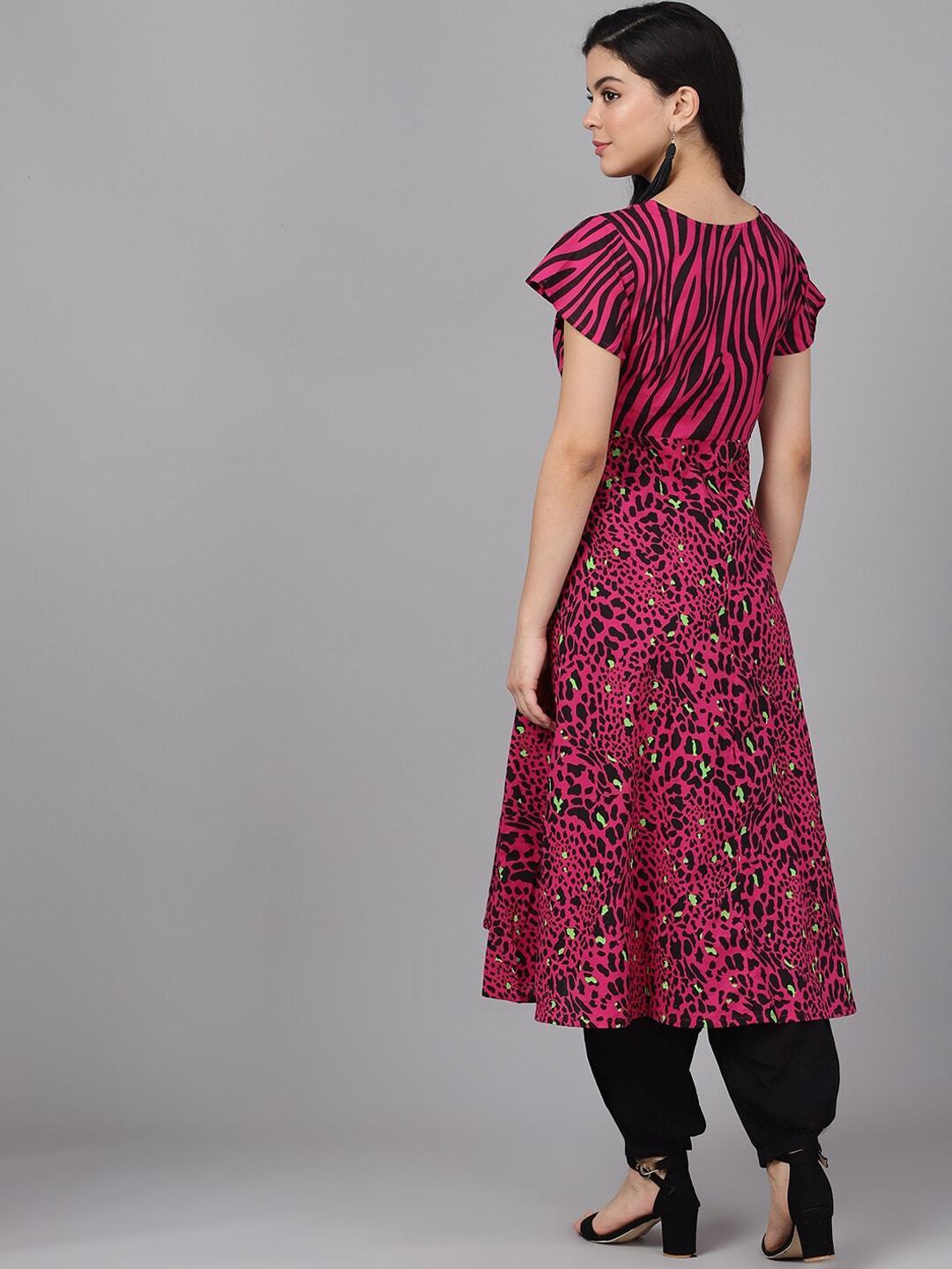 Women's  Magenta & Brown Animal Printed Anarkali Kurta