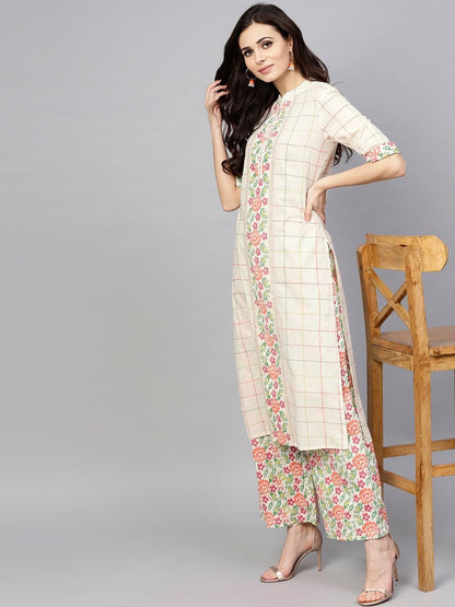 Women's  Off-White & Pink Checked Kurta with Palazzos