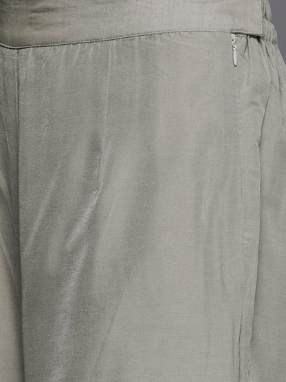 Women's  Grey & Golden Woven Design Kurta with Palazzos