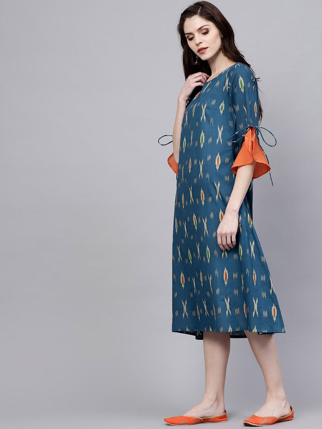 Women's  Navy Blue & Grey Printed A-Line Dress