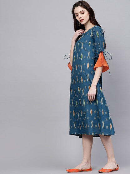 Women's  Navy Blue & Grey Printed A-Line Dress