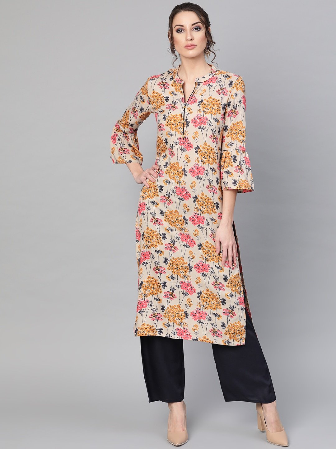 Women's  Cream-Coloured & Navy Blue Printed Kurta with Palazzos