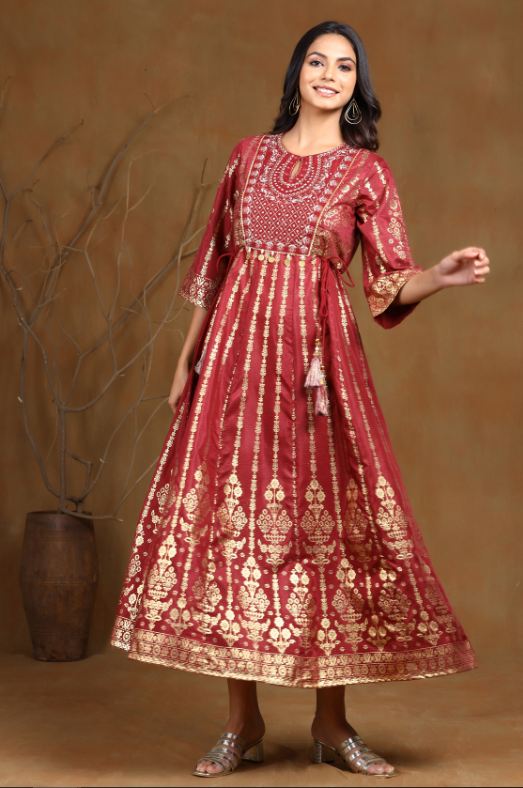 Women's Maroon Shantoon Printed Anarkali Dress