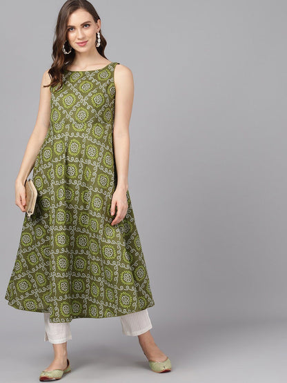 Women's  Olive Green & White Printed Anarkali Kurta