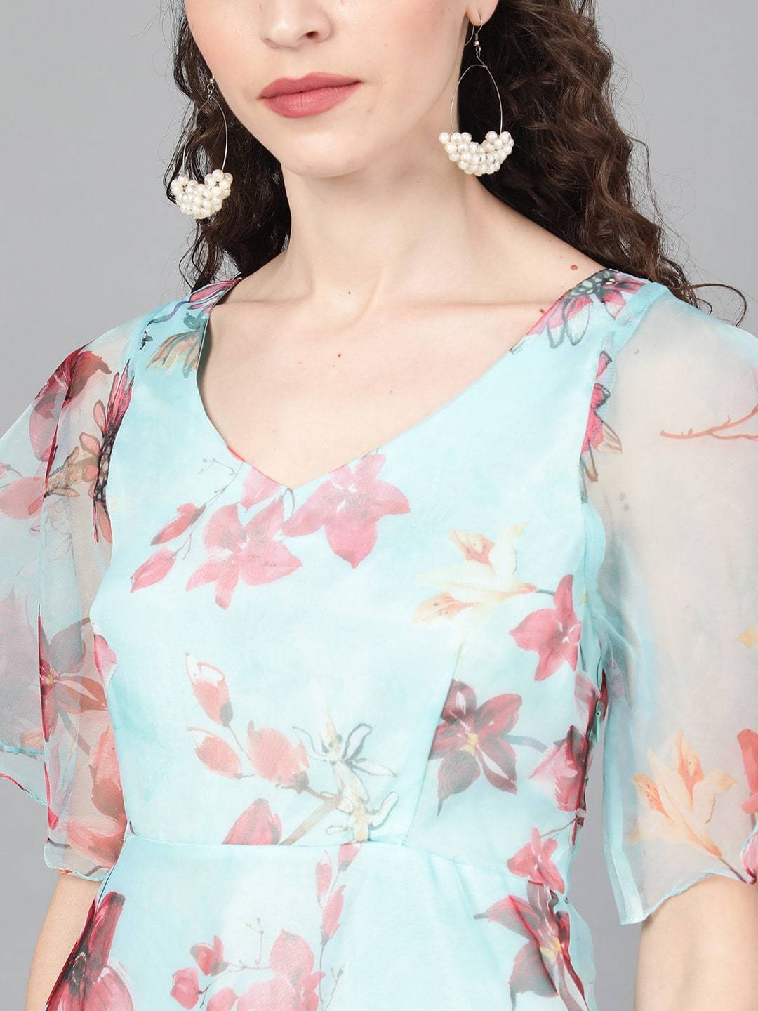 Women's  Turquoise Blue & Pink Floral Printed Maxi Dress