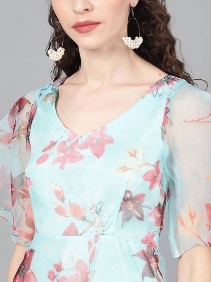 Women's  Turquoise Blue & Pink Floral Printed Maxi Dress