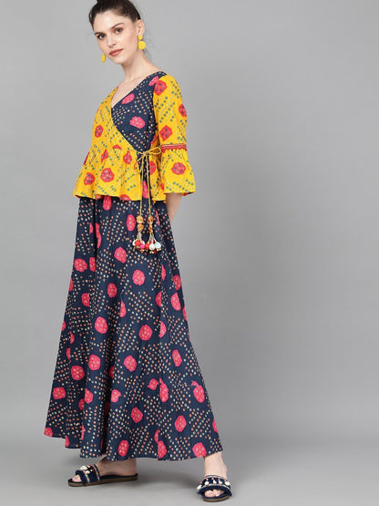 Women's  Navy Blue & Mustard Yellow Bandhani Printed Wrap Dress