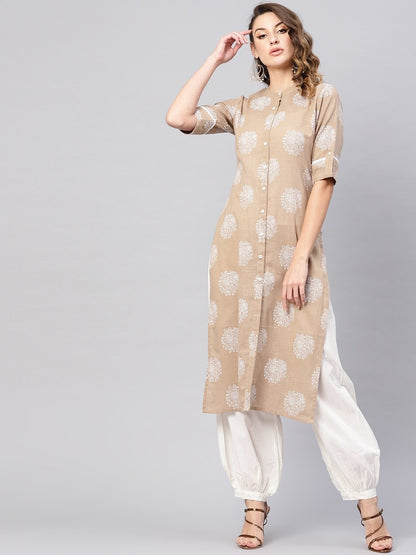 Women's  Beige & White Khari Print Straight Kurta