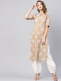 Women's  Beige & White Khari Print Straight Kurta