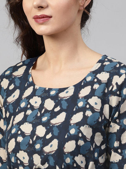 Women's  Blue Printed Drop-Waist Dress
