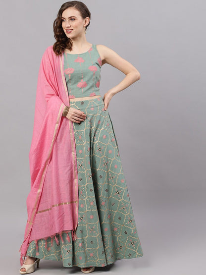 Women's Green & Pink Gold Printed Lehenga Choli With Solid Dupatt