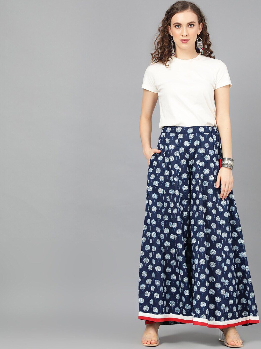 Women's  Blue & White Printed Flared Palazzos
