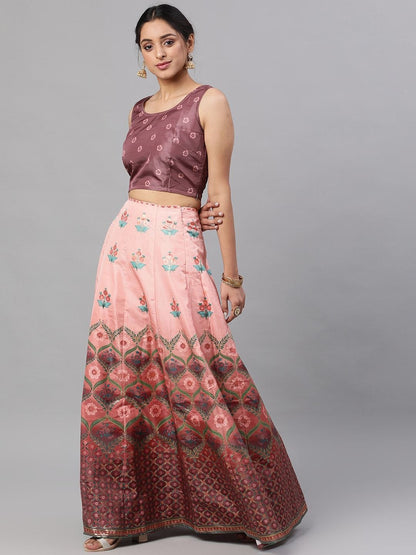 Women Brown & Peach Lehenga Choli With Net Dupatta Set by AKS (3 P