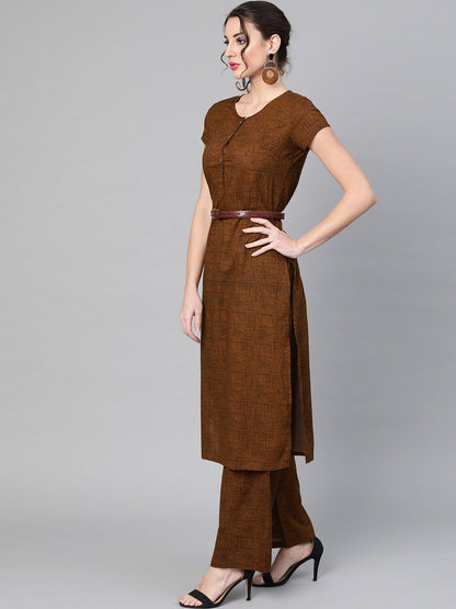 Women's  Mustard Brown & Black Self-Checked Kurta with Palazzos