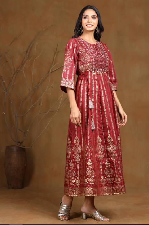 Women's Maroon Shantoon Printed Anarkali Dress
