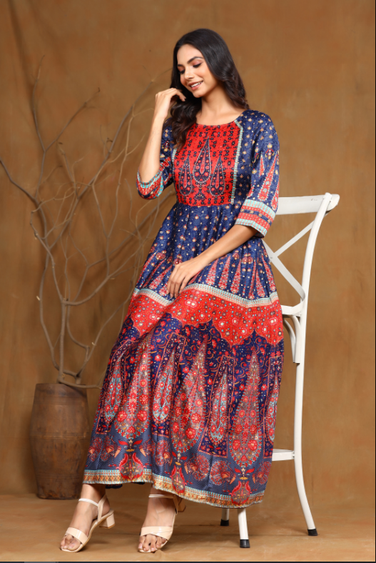 Women's Navyblue Dull Satin Printed Gown