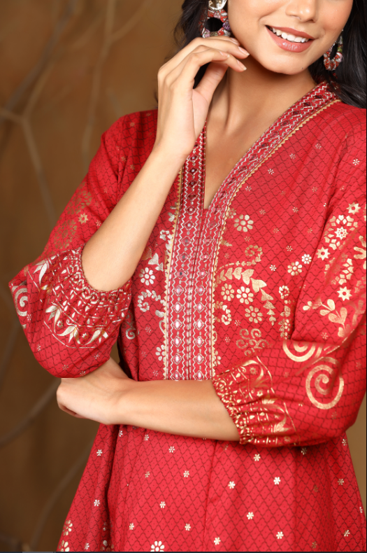 Women's Maroon Rayon Printed Anarkali