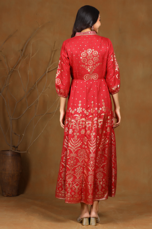 Women's Maroon Rayon Printed Anarkali