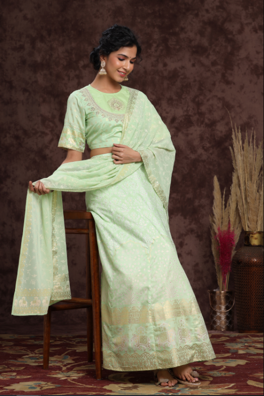 Women's Mint Shantoon Embroidred Lehenga Choli Dupatta Set