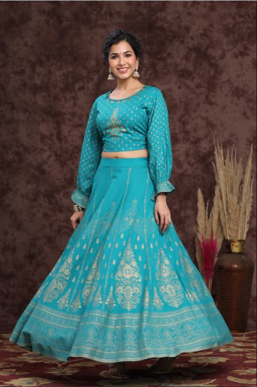 Women's Teal Rayon Printed Lehenga Choli Set