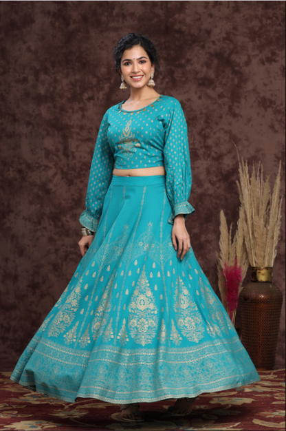 Women's Teal Rayon Printed Lehenga Choli Set