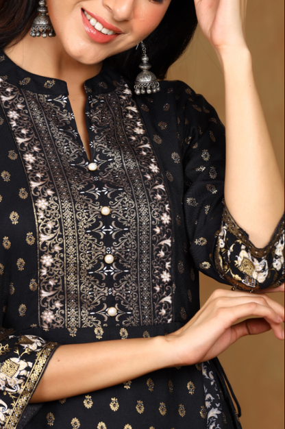 Women's Black Rayon Printed Anarkali Dress