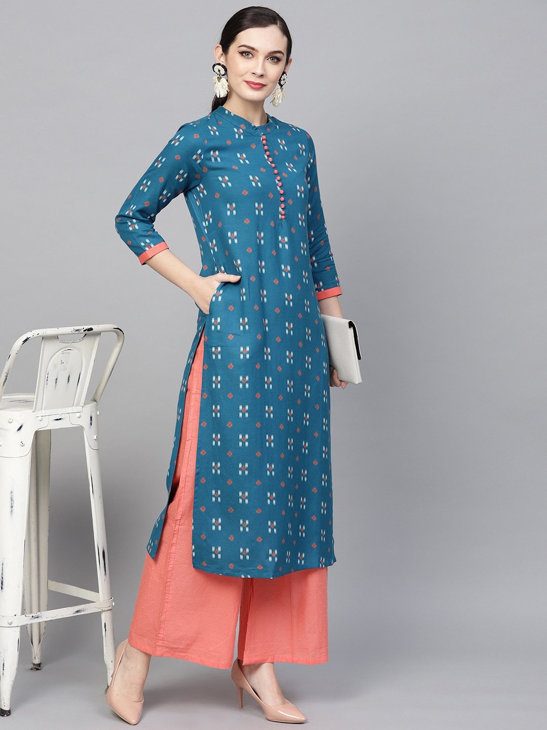 Women's  Teal Blue Printed Straight Kurta