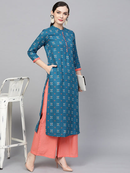 Women's  Teal Blue Printed Straight Kurta