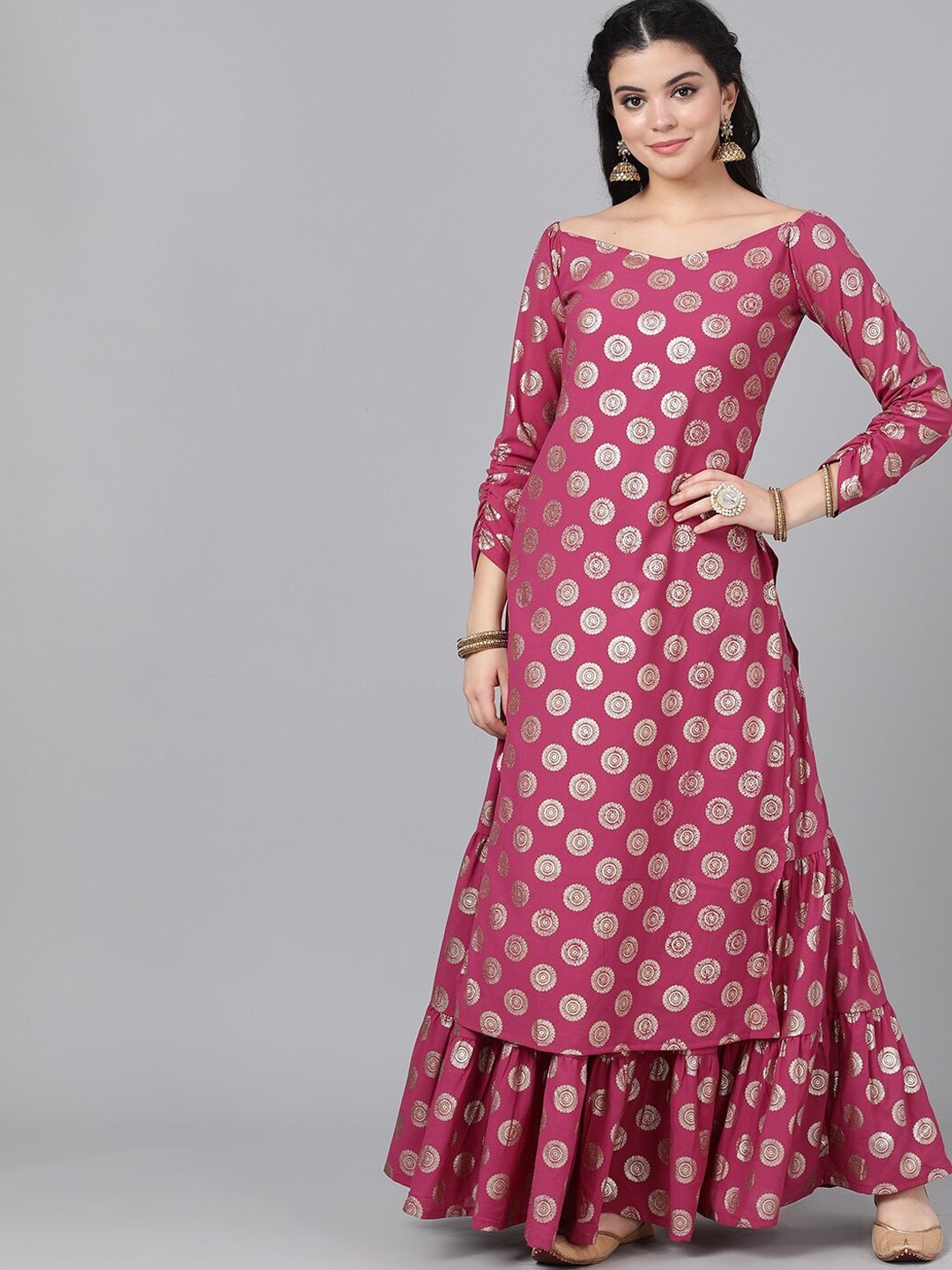 Women's  Magenta & Gold Foil Print Off-Shoulder Straight Kurta