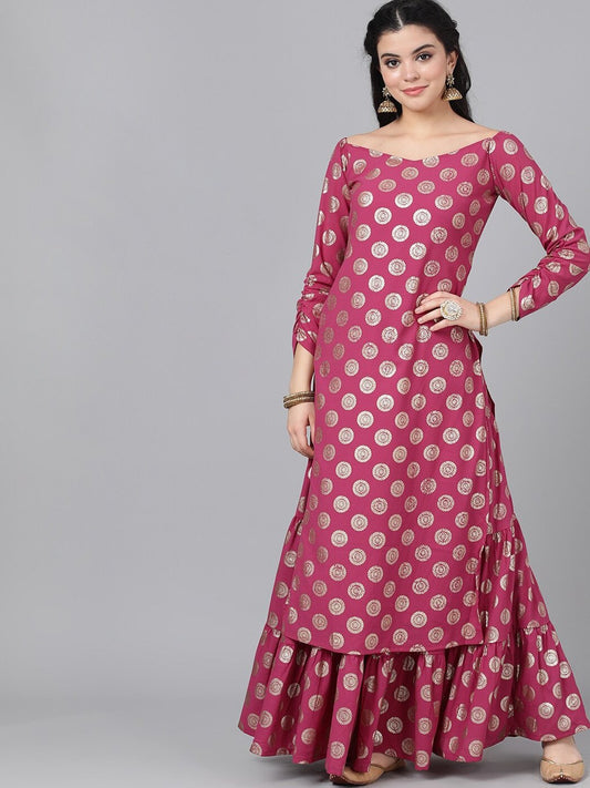 Women's  Magenta & Gold Foil Print Off-Shoulder Straight Kurta