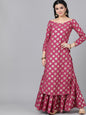 Women's  Magenta & Gold Foil Print Off-Shoulder Straight Kurta