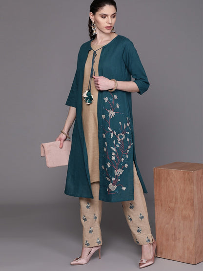 Women's  Teal Blue & Brown Embroidered Layered Kurta with Palazzos