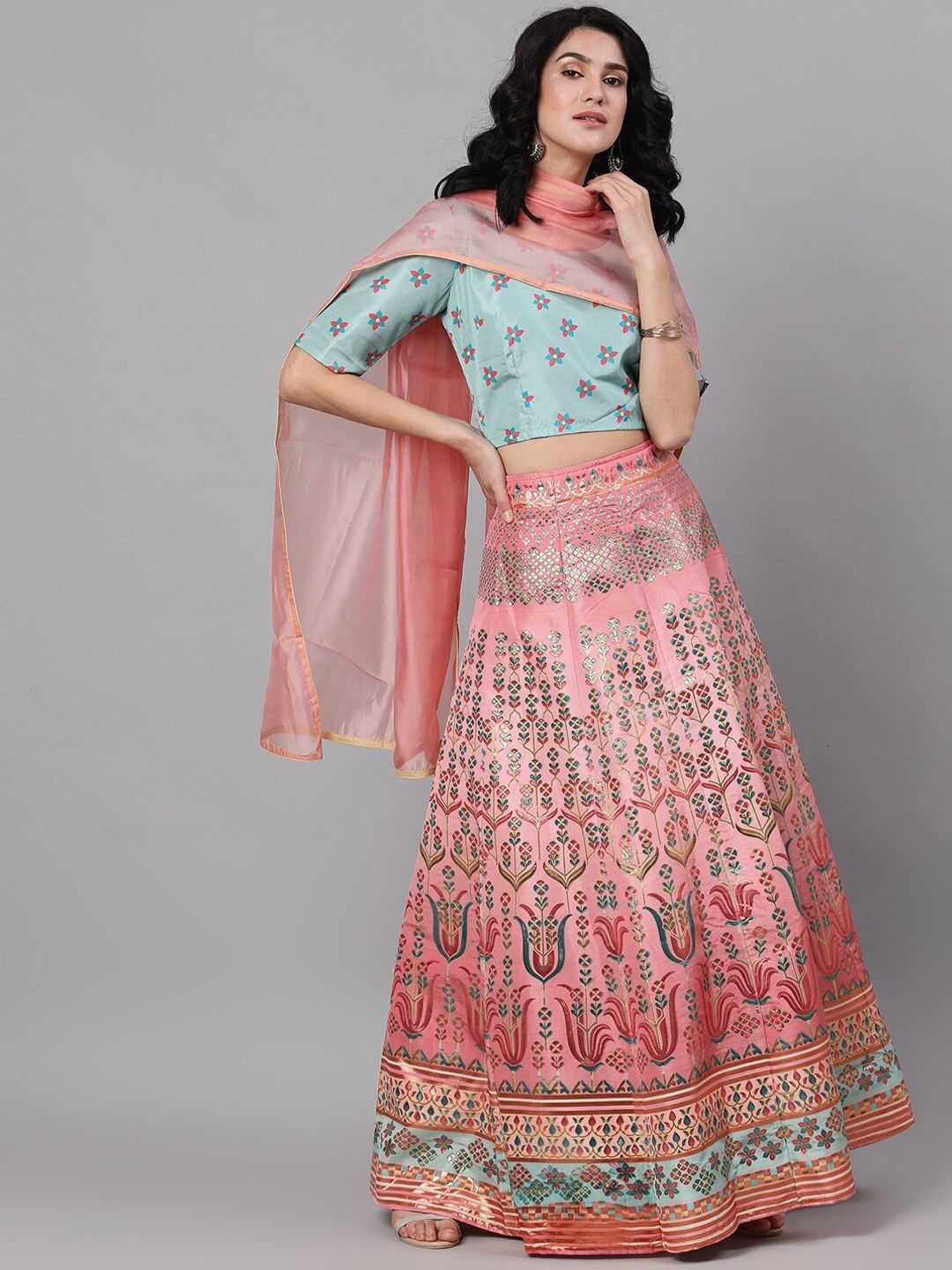 Women's Peach-Coloured & Sea Green Printed Ready to Wear Lehenga & Blouse with Dupatt