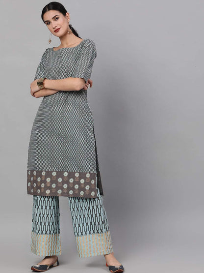 Women's  Grey & Blue Printed Kurta with Palazzos