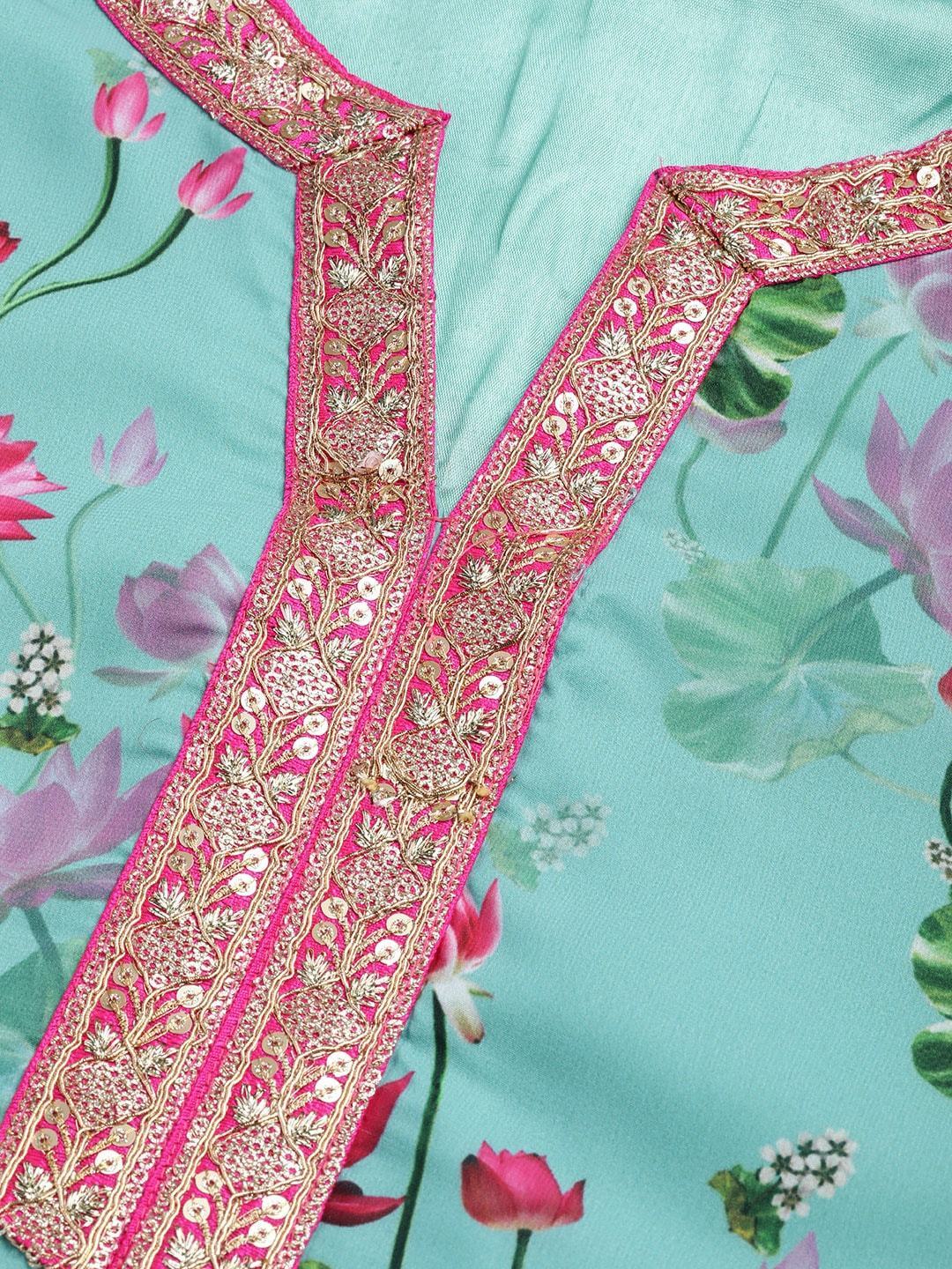 Women's  Blue & Pink Printed Kurta with Palazzos & Dupatta
