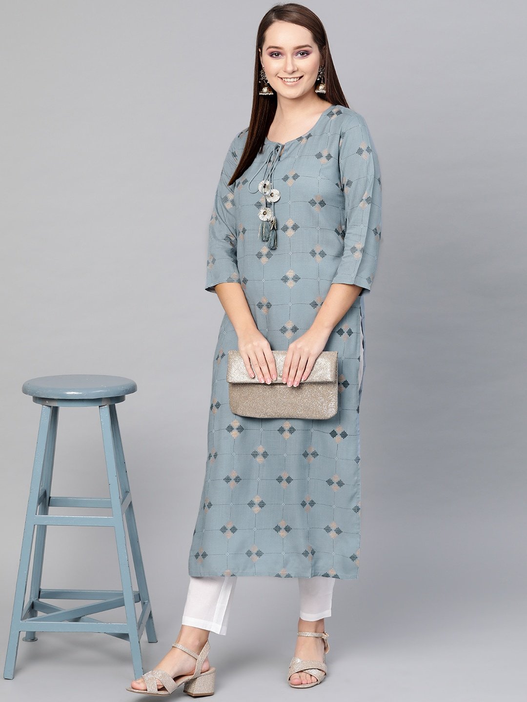 Women's  Blue & Golden Printed Straight Kurta