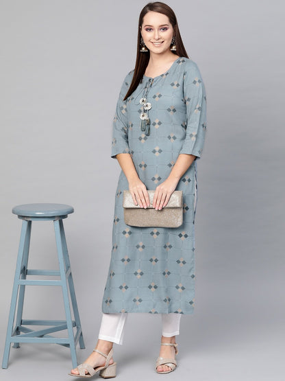 Women's  Blue & Golden Printed Straight Kurta