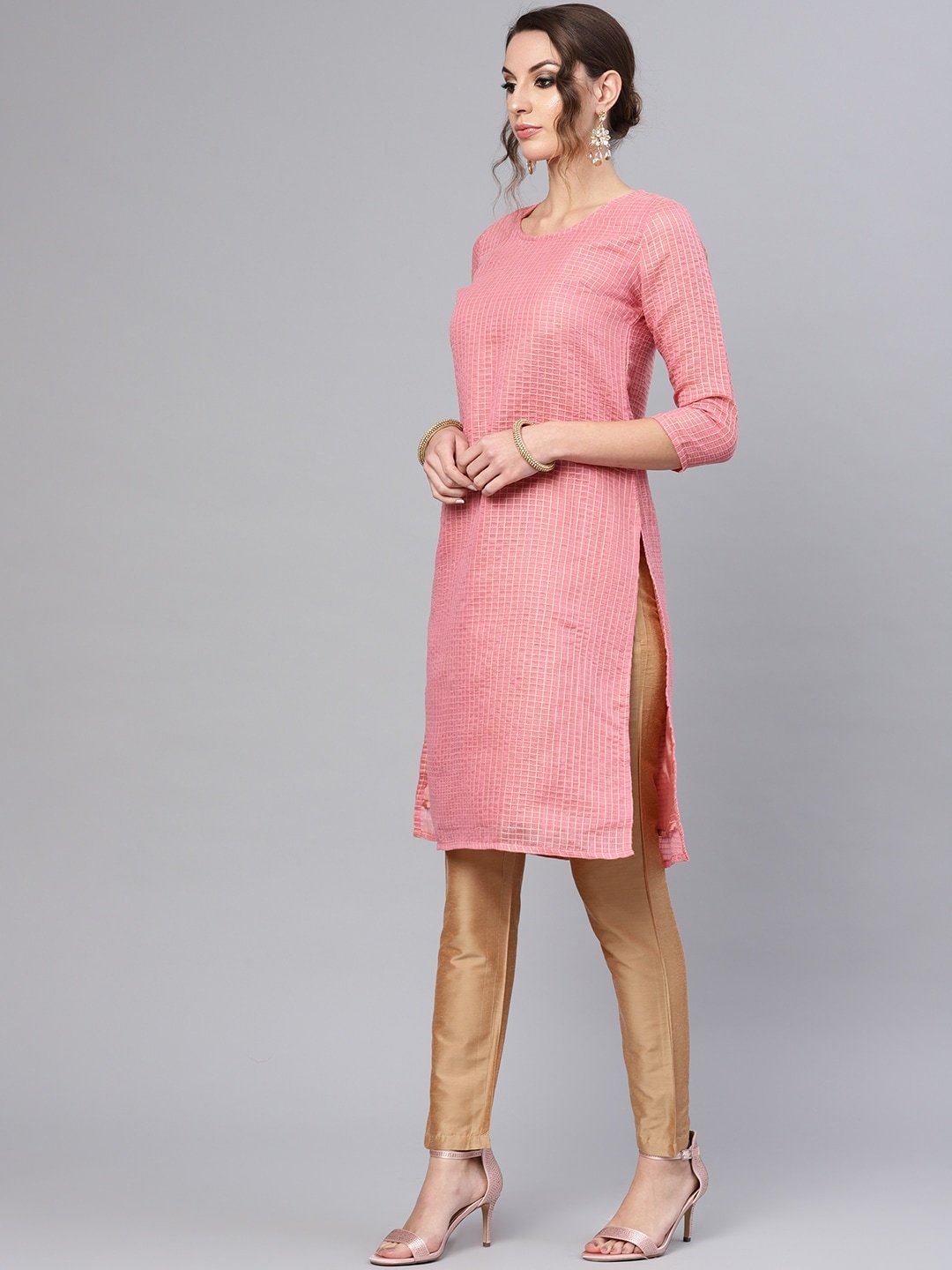 Women's  Pink & Beige Checked Straight Kurta